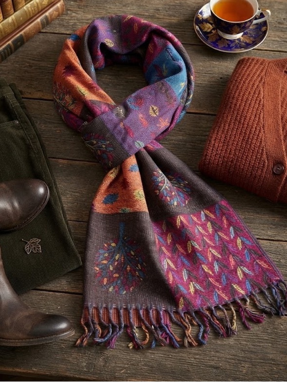 Colorful Leaf Patterned Scarf
